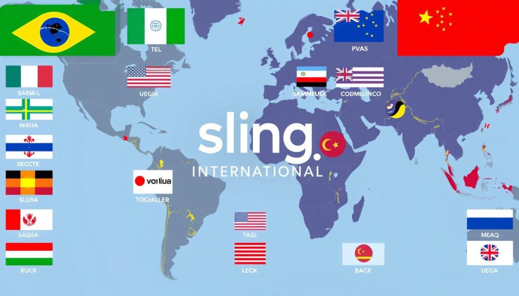 Generate an image representing Sling International's diverse channel offerings, with flags or maps indicating different regions. Generate an image representing Sling International's diverse channel offerings, with flags or maps indicating different regions.