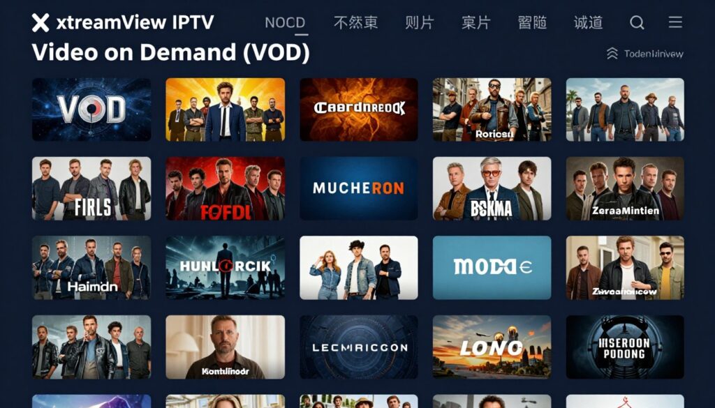 Generate an image representing XtreamView IPTV's extensive VOD library Generate an image representing XtreamView IPTV's extensive VOD library