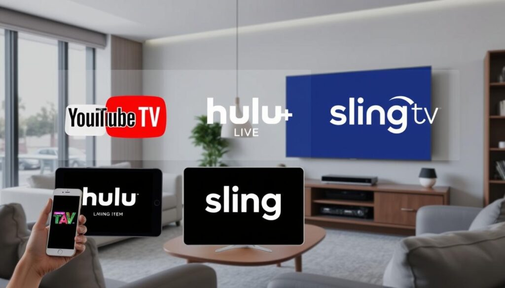 Generate an image representing YouTube TV, Hulu + Live TV, and Sling TV logos on different devices. Generate an image representing YouTube TV, Hulu + Live TV, and Sling TV logos on different devices.