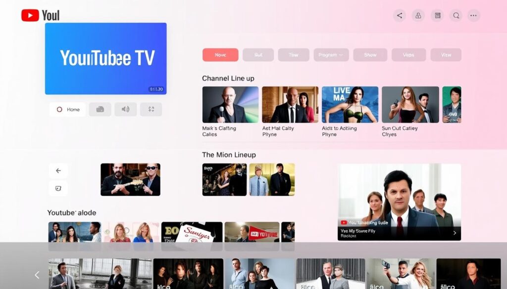 Generate an image representing YouTube TV's interface and channel lineup. Generate an image representing YouTube TV's interface and channel lineup.
