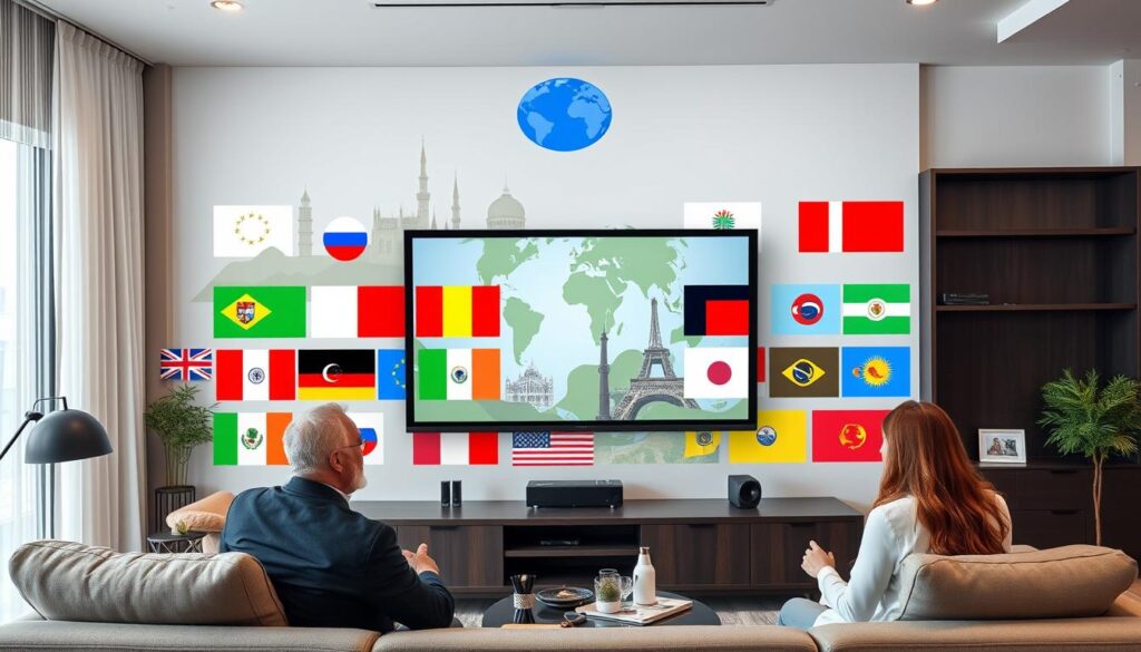 Generate an image representing diverse international channels on IPTV Generate an image representing diverse international channels on IPTV
