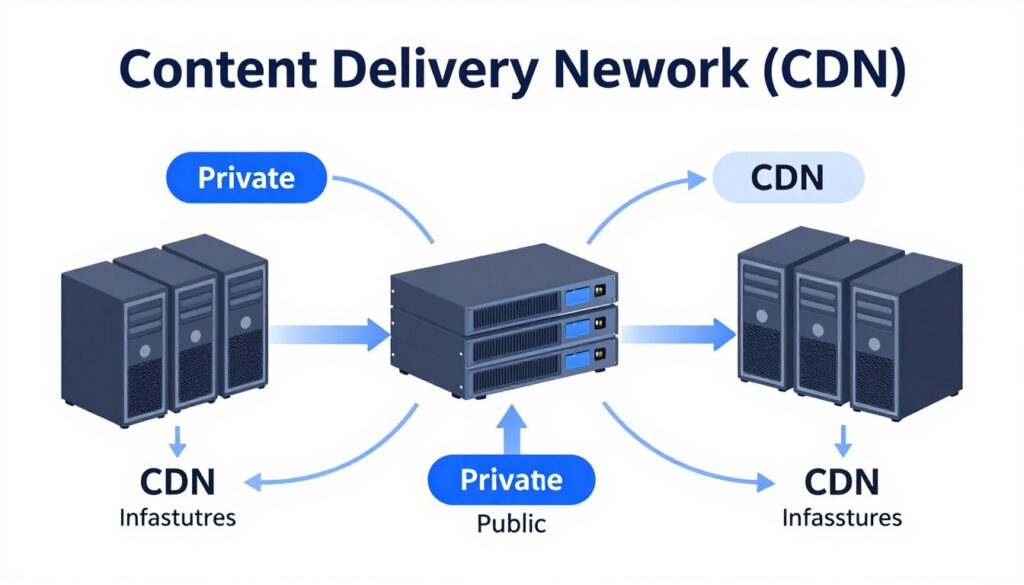 Generate an image representing hybrid CDN infrastructure for IPTV services, combining private and public CDN elements. Generate an image representing hybrid CDN infrastructure for IPTV services, combining private and public CDN elements.