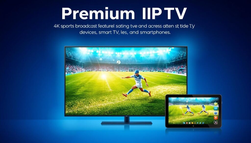 Generate an image representing premium IPTV features, including 4K sports broadcasts and multi-device compatibility. Generate an image representing premium IPTV features, including 4K sports broadcasts and multi-device compatibility.