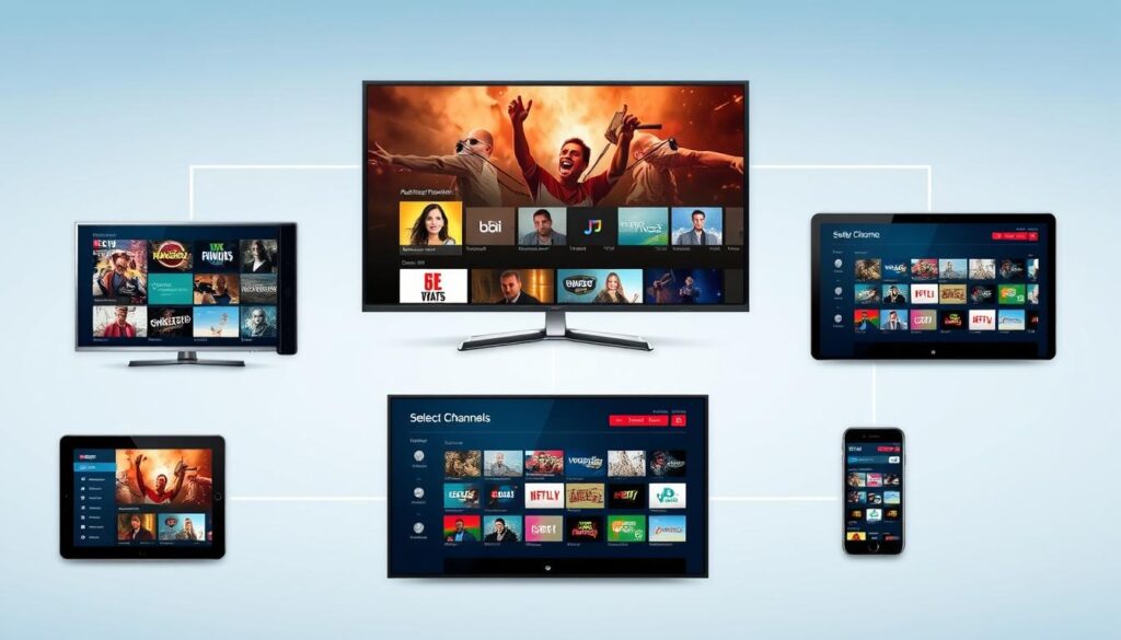 Generate an image representing the concept of choosing an IPTV service, with various devices and channels displayed. Generate an image representing the concept of choosing an IPTV service, with various devices and channels displayed.