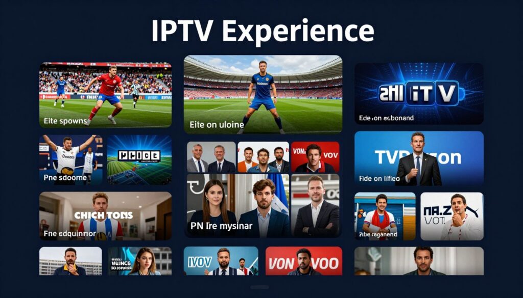 Generate an image representing the ultimate IPTV experience with elite sports, exclusive TV channels, and a vast VOD library. Generate an image representing the ultimate IPTV experience with elite sports, exclusive TV channels, and a vast VOD library.