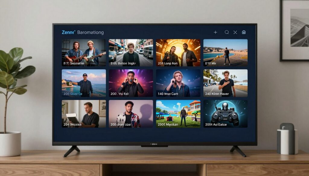 Generate an image representing zero buffering with a TV or mobile device screen showing a continuous stream of content. Generate an image representing zero buffering with a TV or mobile device screen showing a continuous stream of content.