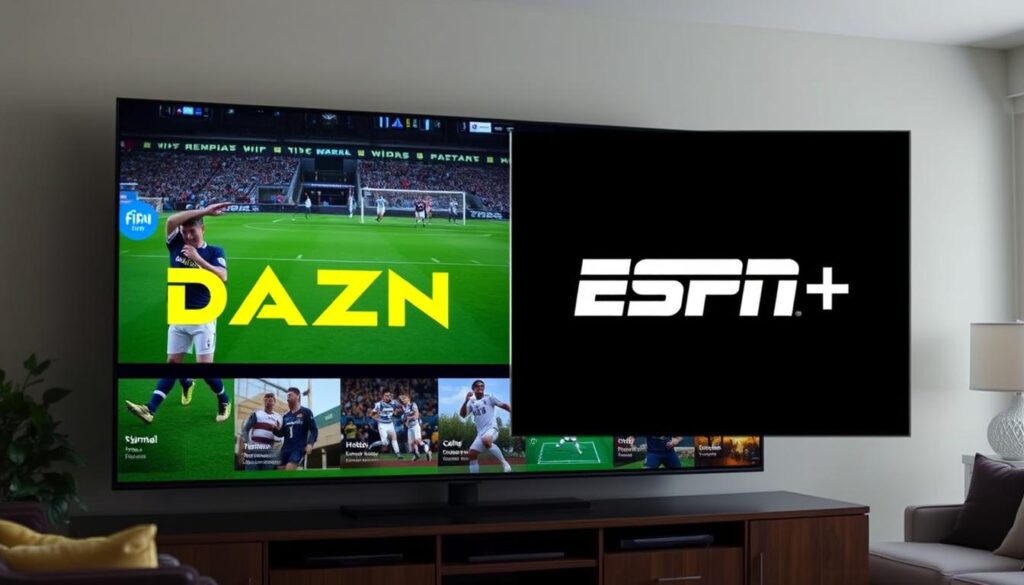 Generate an image showing DAZN and ESPN+ logos alongside sports content on a TV screen. Generate an image showing DAZN and ESPN+ logos alongside sports content on a TV screen.