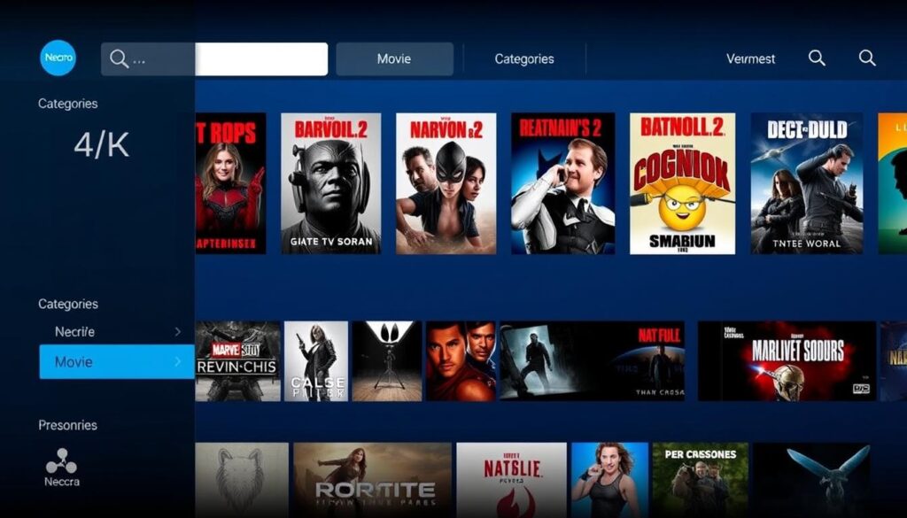 Generate an image showing Necro IPTV's interface with various movie categories. Generate an image showing Necro IPTV's interface with various movie categories.