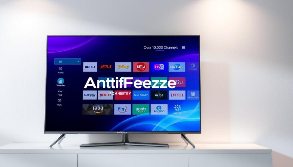 Generate an image showing a TV screen with over 10,000 channels available, highlighting the AntiFreeze Technology logo. Generate an image showing a TV screen with over 10,000 channels available, highlighting the AntiFreeze Technology logo.