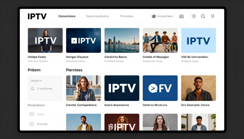 Generate an image showing a customizable IPTV subscription package on a screen with various channel and content options. Generate an image showing a customizable IPTV subscription package on a screen with various channel and content options.