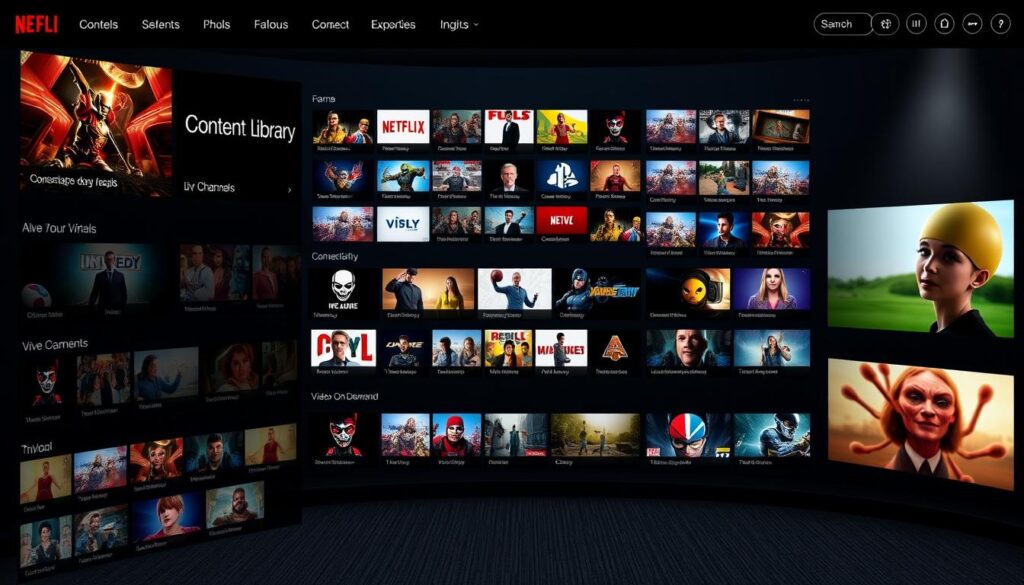 Generate an image showing a vast content library with live channels and VOD options. Generate an image showing a vast content library with live channels and VOD options.