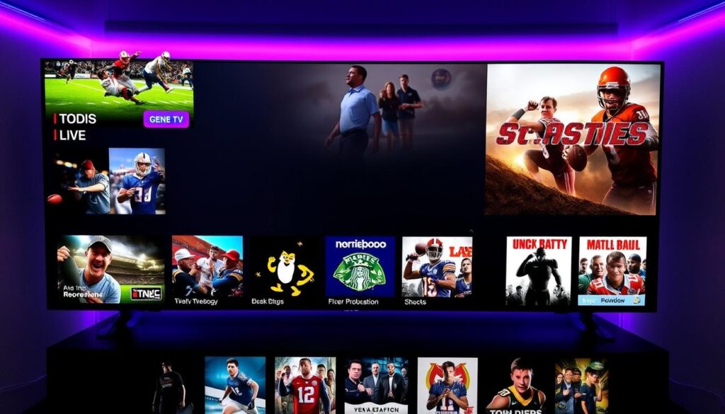Generate an image showing an impressive array of entertainment options with live TV, sports channels, and movies. Generate an image showing an impressive array of entertainment options with live TV, sports channels, and movies.