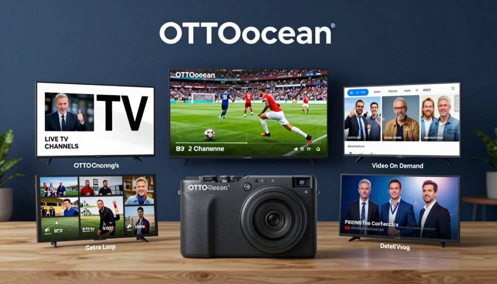 Generate an image that showcases the versatility of OTTOcean's IPTV subscription packages, including live TV channels, sports, and VOD content. Generate an image that showcases the versatility of OTTOcean's IPTV subscription packages, including live TV channels, sports, and VOD content.