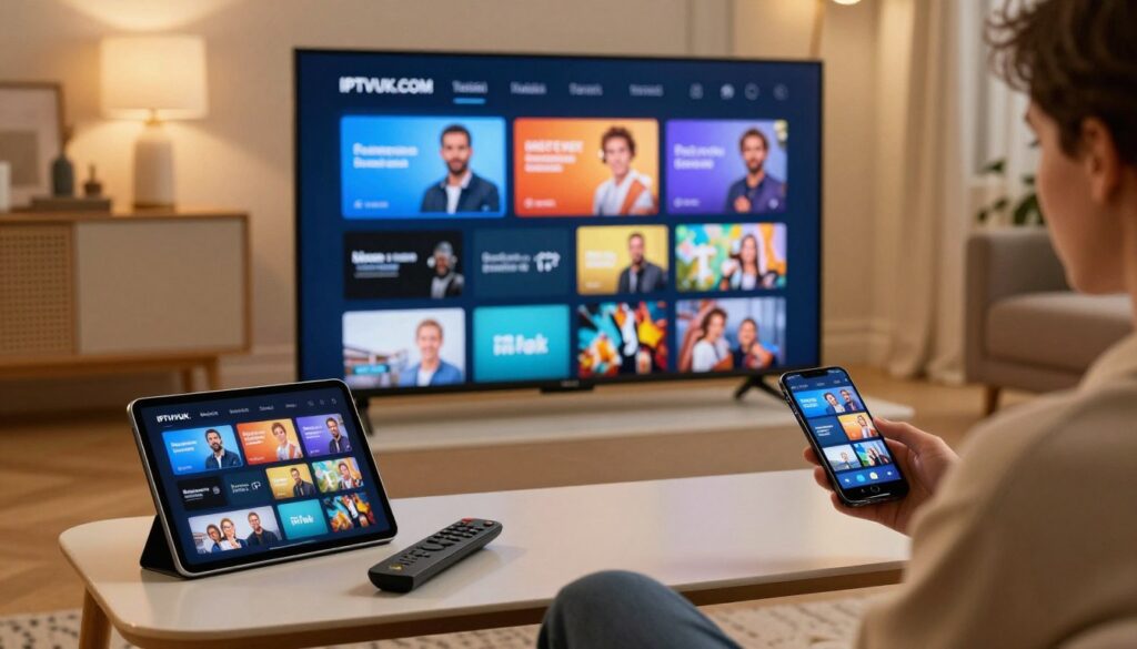 IPTV setup illustrated on various devices: a sleek living room featuring a modern flat-screen TV displaying an IPTV interface, a tablet on a coffee table streaming content, and a smartphone held by a user in professional casual attire. In the foreground, a stylish remote control rests, symbolizing easy navigation. In the middle, the TV contrasts with the tablet and smartphone, showcasing three different platforms. The background reveals a cozy ambiance with warm ambient lighting, emphasizing a relaxed home environment. Capture the scene in a slightly elevated angle, focusing on the harmonious blend of technology and comfort. The branding "IPTVVUK.COM" subtly incorporated into the TV interface. Aim for a professional yet inviting mood that resonates with home entertainment and accessibility. IPTV setup illustrated on various devices: a sleek living room featuring a modern flat-screen TV displaying an IPTV interface, a tablet on a coffee table streaming content, and a smartphone held by a user in professional casual attire. In the foreground, a stylish remote control rests, symbolizing easy navigation. In the middle, the TV contrasts with the tablet and smartphone, showcasing three different platforms. The background reveals a cozy ambiance with warm ambient lighting, emphasizing a relaxed home environment. Capture the scene in a slightly elevated angle, focusing on the harmonious blend of technology and comfort. The branding "IPTVVUK.COM" subtly incorporated into the TV interface. Aim for a professional yet inviting mood that resonates with home entertainment and accessibility.
