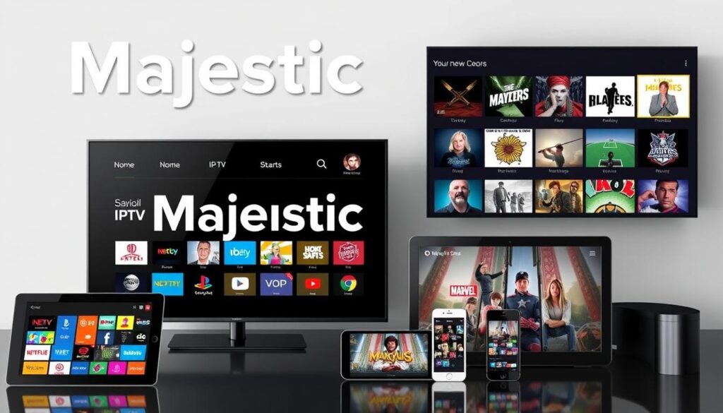Image of Majestic IPTV service logo with a variety of channels and devices Image of Majestic IPTV service logo with a variety of channels and devices