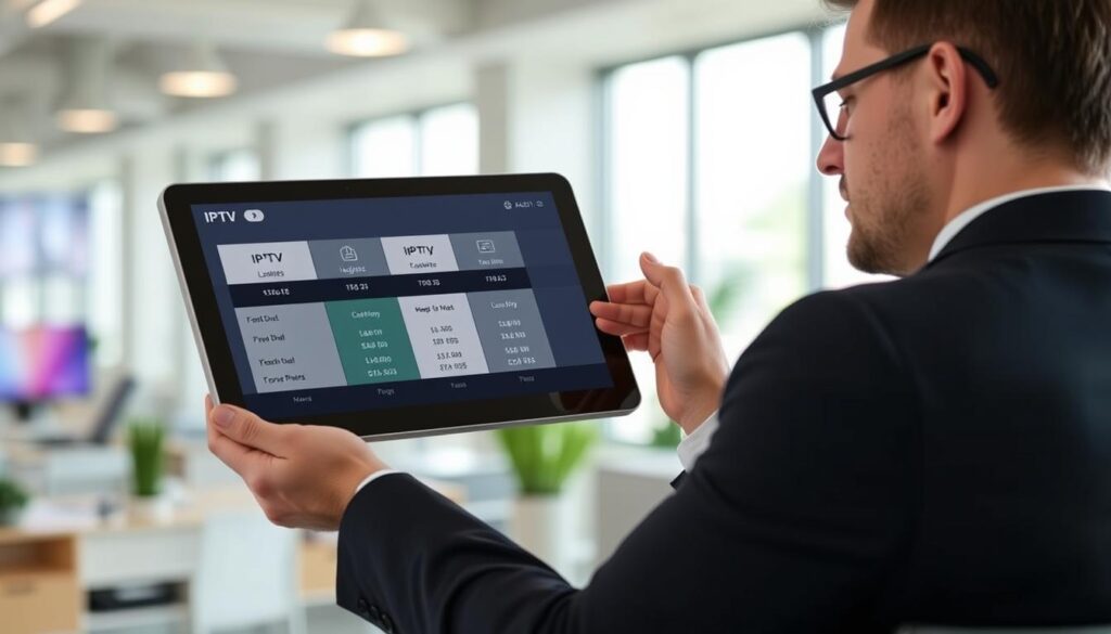 Image of a person comparing different IPTV subscription plans on a tablet Image of a person comparing different IPTV subscription plans on a tablet