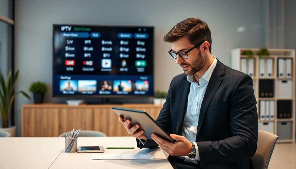 Image of a person evaluating different IPTV services on a tablet Image of a person evaluating different IPTV services on a tablet