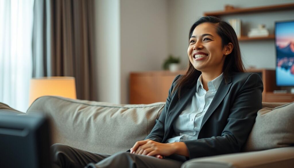 Image of a person watching TV with a happy expression Image of a person watching TV with a happy expression