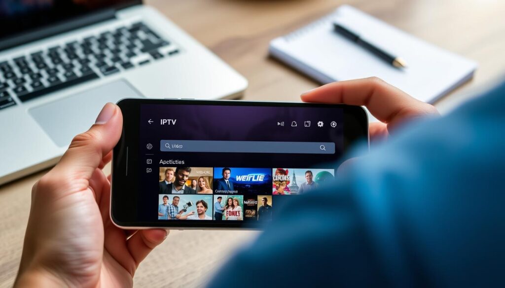Image of an IPTV VOD app on a smartphone or tablet Image of an IPTV VOD app on a smartphone or tablet