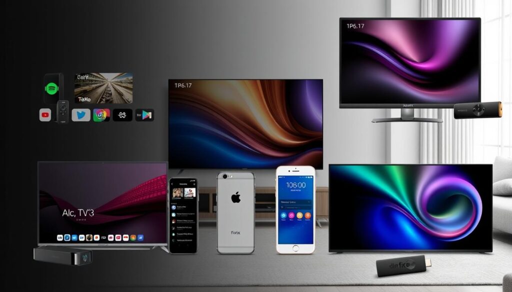 Image of various devices like Smart TVs, Android devices, iOS devices, and Fire Stick Image of various devices like Smart TVs, Android devices, iOS devices, and Fire Stick