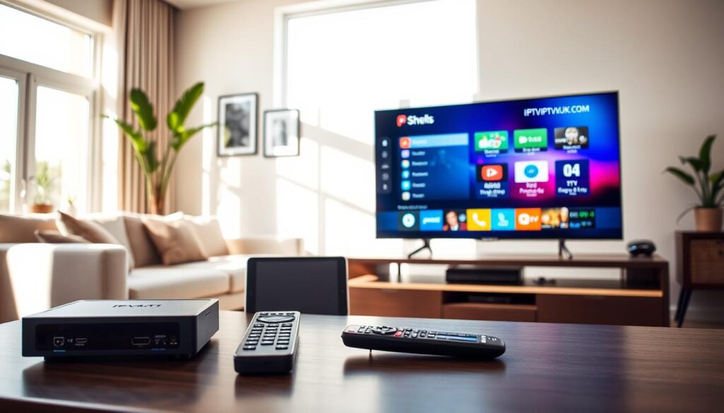 A bright, modern living room featuring various IPTV compatible devices prominently displayed on a sleek entertainment center. In the foreground, a smart TV with a vibrant interface showcasing an IPTV service from IPTVVUK.COM. To the left, a set-top box with visible ports and indicators. In the middle ground, a tablet and smartphone are casually placed next to the remote control, representing mobile compatibility. The background features a cozy couch and decorative elements like plants and artwork, enhancing the inviting atmosphere. Soft, natural lighting floods the room through large windows, casting subtle shadows and creating a warm, welcoming mood. The image is captured at eye-level for an immersive perspective, focusing on device connectivity and the modern entertainment experience. A bright, modern living room featuring various IPTV compatible devices prominently displayed on a sleek entertainment center. In the foreground, a smart TV with a vibrant interface showcasing an IPTV service from IPTVVUK.COM. To the left, a set-top box with visible ports and indicators. In the middle ground, a tablet and smartphone are casually placed next to the remote control, representing mobile compatibility. The background features a cozy couch and decorative elements like plants and artwork, enhancing the inviting atmosphere. Soft, natural lighting floods the room through large windows, casting subtle shadows and creating a warm, welcoming mood. The image is captured at eye-level for an immersive perspective, focusing on device connectivity and the modern entertainment experience.