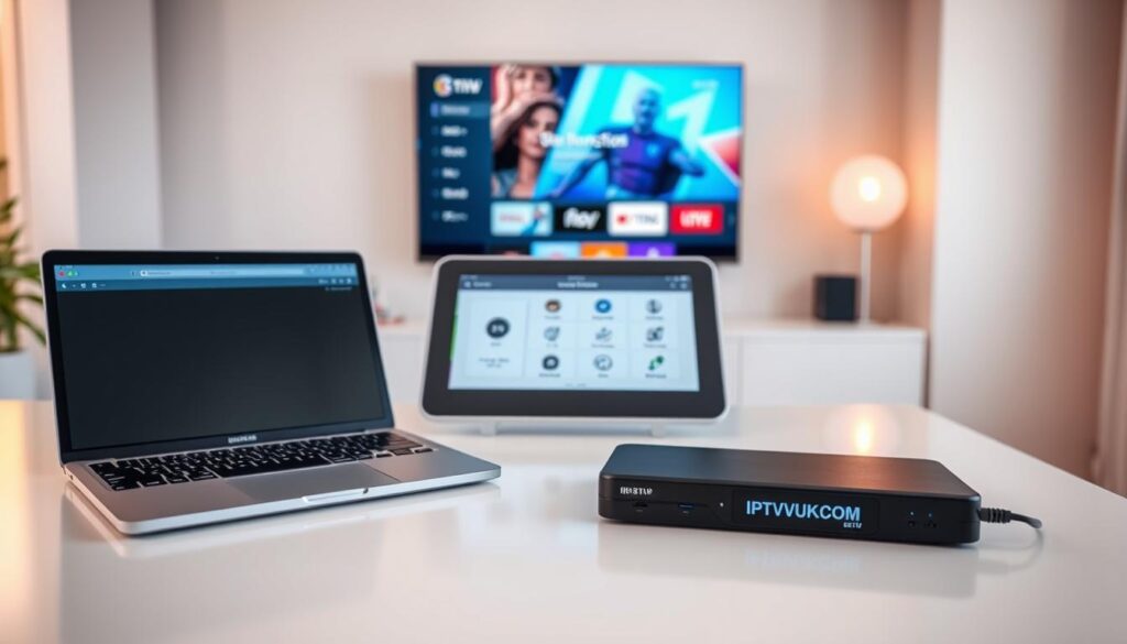A clean, modern workspace for an IPTV setup guide, featuring a sleek, white desk with a laptop open to a streaming interface. In the foreground, include a technical remote control and an IPTV device, labeled "IPTVVUK.COM". The middle layer should display a well-organized digital tablet showing an interactive setup tutorial. In the background, a soft-lit room with a big-screen TV mounted on the wall, displaying a colorful IPTV channel. Incorporate warm, natural light coming from a window to create an inviting atmosphere. Capture the scene from a slightly elevated angle to emphasize the setup process. The overall mood should be informative and professional, perfect for guiding users through their IPTV subscription setup. A clean, modern workspace for an IPTV setup guide, featuring a sleek, white desk with a laptop open to a streaming interface. In the foreground, include a technical remote control and an IPTV device, labeled "IPTVVUK.COM". The middle layer should display a well-organized digital tablet showing an interactive setup tutorial. In the background, a soft-lit room with a big-screen TV mounted on the wall, displaying a colorful IPTV channel. Incorporate warm, natural light coming from a window to create an inviting atmosphere. Capture the scene from a slightly elevated angle to emphasize the setup process. The overall mood should be informative and professional, perfect for guiding users through their IPTV subscription setup.
