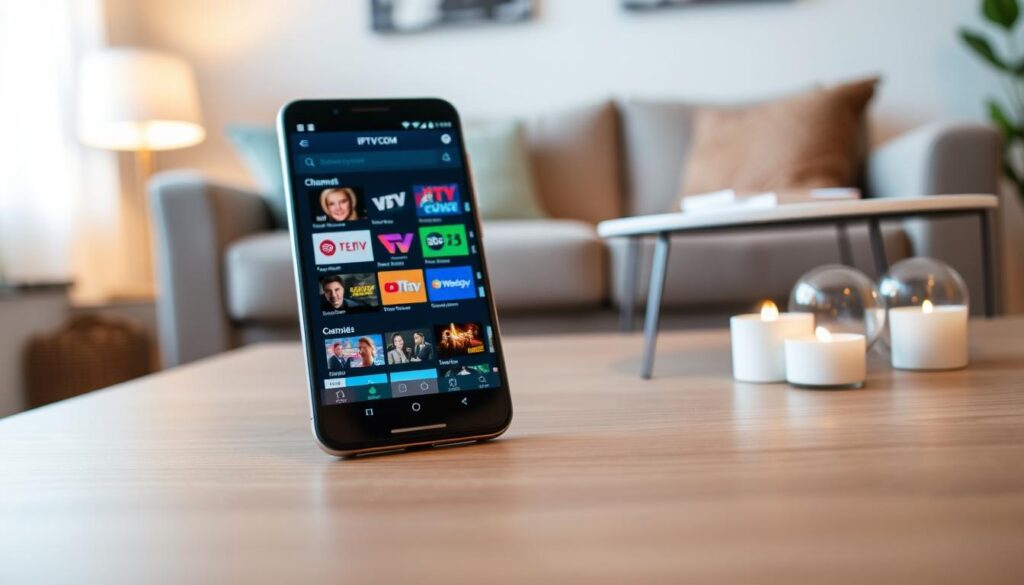 A close-up view of a sleek smartphone displaying the IPTVVUK.COM app interface, showcasing colorful channel options and a user-friendly navigation layout. In the foreground, the smartphone is prominently featured, with a slight tilt to highlight the screen. The background features a cozy living room setting with soft, warm lighting, creating an inviting atmosphere. A stylish coffee table with a modern décor complements the scene, with a blurred view of a comfy couch. The focus should be sharp on the smartphone, with a shallow depth of field to softly blur the background. The overall mood conveys a sense of ease and accessibility, reflecting the simplicity of setting up IPTV subscriptions for cord-cutters. A close-up view of a sleek smartphone displaying the IPTVVUK.COM app interface, showcasing colorful channel options and a user-friendly navigation layout. In the foreground, the smartphone is prominently featured, with a slight tilt to highlight the screen. The background features a cozy living room setting with soft, warm lighting, creating an inviting atmosphere. A stylish coffee table with a modern décor complements the scene, with a blurred view of a comfy couch. The focus should be sharp on the smartphone, with a shallow depth of field to softly blur the background. The overall mood conveys a sense of ease and accessibility, reflecting the simplicity of setting up IPTV subscriptions for cord-cutters.