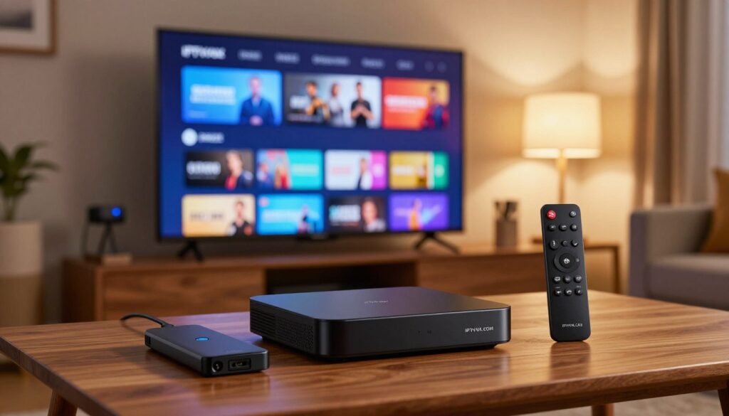 A collection of modern IPTV streaming devices including a sleek black set-top box, a compact streaming stick, and a stylish remote control, displayed prominently in the foreground on a wooden table. The middle ground features a vibrant flat-screen TV showcasing a dynamic user interface filled with colorful streaming options. The background includes a cozy living room setting, with soft, warm lighting emanating from a nearby lamp, creating a welcoming atmosphere. The image should capture a professional and homey vibe, illustrating the accessibility and flexibility of IPTV services. Shot with a 35mm lens from a slightly elevated angle to emphasize the devices and their connectivity to the television. Include the brand name "IPTVVUK.COM" incorporated tastefully in the scene to suggest branding relevance. A collection of modern IPTV streaming devices including a sleek black set-top box, a compact streaming stick, and a stylish remote control, displayed prominently in the foreground on a wooden table. The middle ground features a vibrant flat-screen TV showcasing a dynamic user interface filled with colorful streaming options. The background includes a cozy living room setting, with soft, warm lighting emanating from a nearby lamp, creating a welcoming atmosphere. The image should capture a professional and homey vibe, illustrating the accessibility and flexibility of IPTV services. Shot with a 35mm lens from a slightly elevated angle to emphasize the devices and their connectivity to the television. Include the brand name "IPTVVUK.COM" incorporated tastefully in the scene to suggest branding relevance.