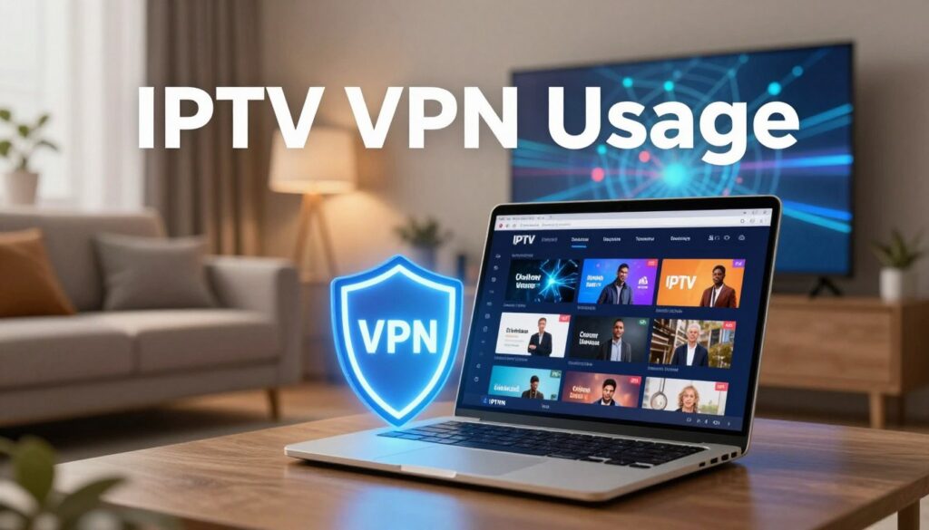 A conceptual illustration depicting the theme of "IPTV VPN Usage" for a digital article. In the foreground, a sleek laptop screen displays a vibrant IPTV interface, showcasing various streaming options and channels. Beside the laptop, a VPN shield symbol glows brightly, emphasizing security and privacy. The middle ground features a modern, cozy living room setup with a comfortable couch, soft lighting creating a warm atmosphere, and a large TV screen reflecting the contents of the laptop. In the background, subtle imagery of network connections and data flow can be suggested with abstract lines symbolizing the internet. The overall mood is professional yet inviting, with a focus on technology and safety. Incorporate the brand name "IPTVVUK.COM" subtly in the design, ensuring it blends harmoniously into the scene without standing out abruptly. A conceptual illustration depicting the theme of "IPTV VPN Usage" for a digital article. In the foreground, a sleek laptop screen displays a vibrant IPTV interface, showcasing various streaming options and channels. Beside the laptop, a VPN shield symbol glows brightly, emphasizing security and privacy. The middle ground features a modern, cozy living room setup with a comfortable couch, soft lighting creating a warm atmosphere, and a large TV screen reflecting the contents of the laptop. In the background, subtle imagery of network connections and data flow can be suggested with abstract lines symbolizing the internet. The overall mood is professional yet inviting, with a focus on technology and safety. Incorporate the brand name "IPTVVUK.COM" subtly in the design, ensuring it blends harmoniously into the scene without standing out abruptly.