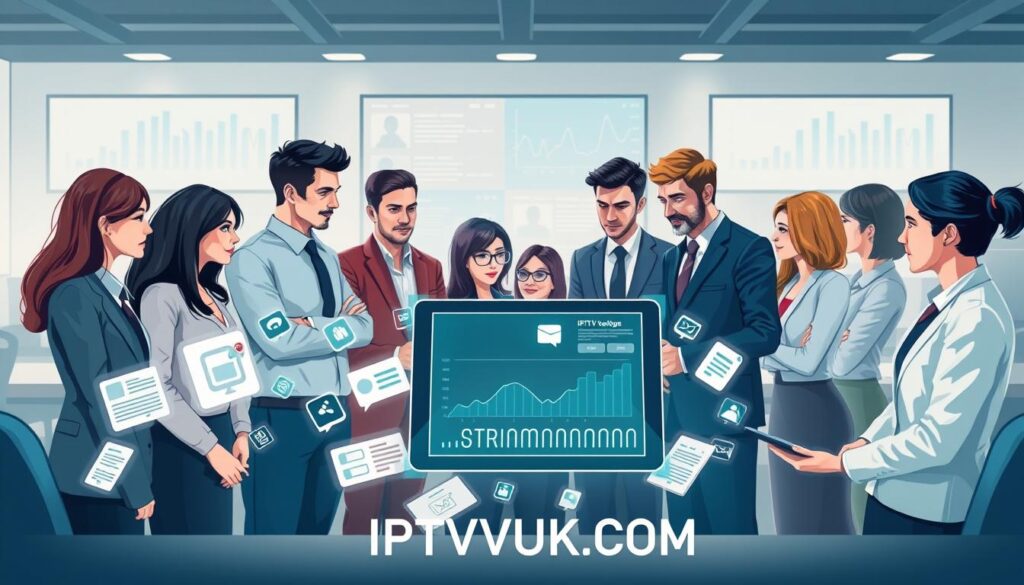 A conceptual illustration representing the challenges facing IPTV development for cord-cutters and streamers. In the foreground, a group of diverse professionals, dressed in business attire, are engaged in a focused discussion around a high-tech digital tablet displaying streaming analytics. In the middle, scattered elements symbolize common challenges, such as buffering icons, latency graphs, and user feedback forms. The background features a modern workspace with soft lighting, showcasing multiple screens displaying streaming content and graphs. The mood is one of collaboration and innovation, emphasizing a problem-solving atmosphere. The color scheme should be professional with a mix of cool tones, creating a sense of technology-driven progress. Include the brand name "IPTVVUK.COM" subtly within the scene, ensuring it complements the overall design without dominating. A conceptual illustration representing the challenges facing IPTV development for cord-cutters and streamers. In the foreground, a group of diverse professionals, dressed in business attire, are engaged in a focused discussion around a high-tech digital tablet displaying streaming analytics. In the middle, scattered elements symbolize common challenges, such as buffering icons, latency graphs, and user feedback forms. The background features a modern workspace with soft lighting, showcasing multiple screens displaying streaming content and graphs. The mood is one of collaboration and innovation, emphasizing a problem-solving atmosphere. The color scheme should be professional with a mix of cool tones, creating a sense of technology-driven progress. Include the brand name "IPTVVUK.COM" subtly within the scene, ensuring it complements the overall design without dominating.