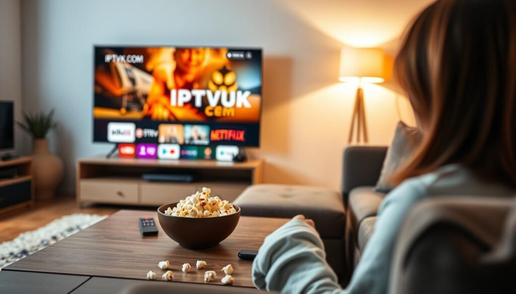 A cozy living room scene featuring a modern smart TV streaming IPTV content, showcasing vibrant, engaging visuals on the screen. In the foreground, a stylish coffee table holds a remote control and a bowl of popcorn, suggesting a relaxed viewing experience. In the middle ground, a comfortable couch with plush cushions invites viewers to sit and enjoy. The background reveals a well-lit room with subtle, warm lighting that enhances a welcoming atmosphere. Soft shadows cast by a nearby lamp add depth and dimension. The image should subtly include the brand name "IPTVVUK.COM" on the screen without drawing attention away from the main focus. Capture an inviting mood, emphasizing a seamless IPTV experience for viewers looking for entertainment options. A cozy living room scene featuring a modern smart TV streaming IPTV content, showcasing vibrant, engaging visuals on the screen. In the foreground, a stylish coffee table holds a remote control and a bowl of popcorn, suggesting a relaxed viewing experience. In the middle ground, a comfortable couch with plush cushions invites viewers to sit and enjoy. The background reveals a well-lit room with subtle, warm lighting that enhances a welcoming atmosphere. Soft shadows cast by a nearby lamp add depth and dimension. The image should subtly include the brand name "IPTVVUK.COM" on the screen without drawing attention away from the main focus. Capture an inviting mood, emphasizing a seamless IPTV experience for viewers looking for entertainment options.