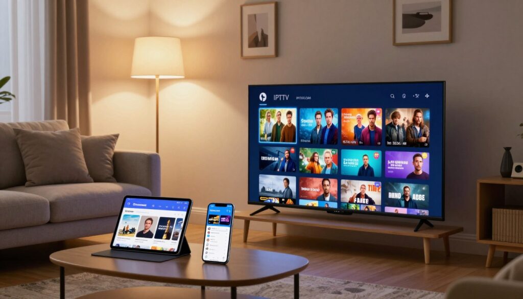 A cozy living room scene featuring an IPTV setup across various devices. In the foreground, a sleek smart TV displays a vibrant streaming interface with colorful movie thumbnails. Next to it, a tablet shows an online channel guide, while a smartphone on a coffee table displays a user-friendly app. In the middle ground, a comfortable couch with plush cushions invites viewers to sit and enjoy, complemented by a stylish floor lamp casting a warm glow. The background is decorated with minimalistic furniture and a few framed pictures, enhancing the homely atmosphere. The lighting is soft and inviting, creating a relaxed mood that embodies modern entertainment at home. Include a subtle branding element of the company "IPTVVUK.COM" integrated into the scene, ensuring it complements the overall aesthetic without overwhelming the image. A cozy living room scene featuring an IPTV setup across various devices. In the foreground, a sleek smart TV displays a vibrant streaming interface with colorful movie thumbnails. Next to it, a tablet shows an online channel guide, while a smartphone on a coffee table displays a user-friendly app. In the middle ground, a comfortable couch with plush cushions invites viewers to sit and enjoy, complemented by a stylish floor lamp casting a warm glow. The background is decorated with minimalistic furniture and a few framed pictures, enhancing the homely atmosphere. The lighting is soft and inviting, creating a relaxed mood that embodies modern entertainment at home. Include a subtle branding element of the company "IPTVVUK.COM" integrated into the scene, ensuring it complements the overall aesthetic without overwhelming the image.