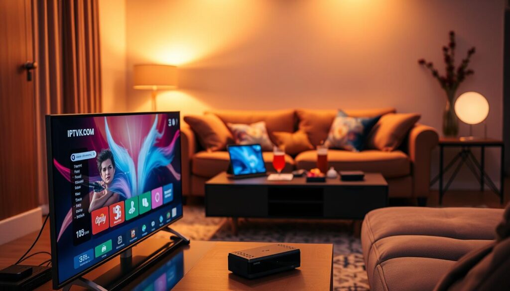 A cozy living room setup showcasing an IPTV streaming service. In the foreground, a sleek television displays the IPTVVUK.COM interface, with vibrant visuals and easy navigation. To the side, a stylish, modern media console holds a streaming device, accompanied by remote controls and a tablet. In the middle background, a plush sofa adorned with colorful cushions invites relaxation, while a small coffee table features snacks and drinks for a movie night. Warm, ambient lighting illuminates the room, creating a welcoming atmosphere. Soft shadows play around the furniture to add depth. The camera angle is slightly elevated, capturing the entire setup invitingly, with a focus on the technological aspects of IPTV streaming. The overall mood is friendly and engaging, perfect for showcasing the convenience of modern entertainment. A cozy living room setup showcasing an IPTV streaming service. In the foreground, a sleek television displays the IPTVVUK.COM interface, with vibrant visuals and easy navigation. To the side, a stylish, modern media console holds a streaming device, accompanied by remote controls and a tablet. In the middle background, a plush sofa adorned with colorful cushions invites relaxation, while a small coffee table features snacks and drinks for a movie night. Warm, ambient lighting illuminates the room, creating a welcoming atmosphere. Soft shadows play around the furniture to add depth. The camera angle is slightly elevated, capturing the entire setup invitingly, with a focus on the technological aspects of IPTV streaming. The overall mood is friendly and engaging, perfect for showcasing the convenience of modern entertainment.
