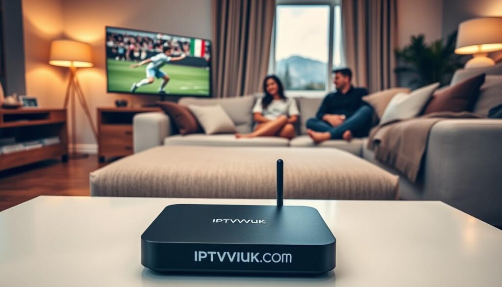 A cozy living room setup showcasing the IPTV streaming experience. In the foreground, a stylish, modern coffee table features a sleek streaming device with the brand name "IPTVVUK.COM" prominently displayed. A large flat-screen TV shows a vibrant sports match or popular Italian show, captivating the audience. In the middle, a comfortable sofa is adorned with plush cushions, where a family is seated, dressed in casual yet neat clothing, engaged in lively discussion, creating a sense of togetherness. The background features soft, warm lighting casting a relaxed atmosphere, with a subtle view of a window revealing a picturesque Italian landscape. The composition conveys excitement and warmth, illustrating the joy of setting up an Italian IPTV service at home. A cozy living room setup showcasing the IPTV streaming experience. In the foreground, a stylish, modern coffee table features a sleek streaming device with the brand name "IPTVVUK.COM" prominently displayed. A large flat-screen TV shows a vibrant sports match or popular Italian show, captivating the audience. In the middle, a comfortable sofa is adorned with plush cushions, where a family is seated, dressed in casual yet neat clothing, engaged in lively discussion, creating a sense of togetherness. The background features soft, warm lighting casting a relaxed atmosphere, with a subtle view of a window revealing a picturesque Italian landscape. The composition conveys excitement and warmth, illustrating the joy of setting up an Italian IPTV service at home.