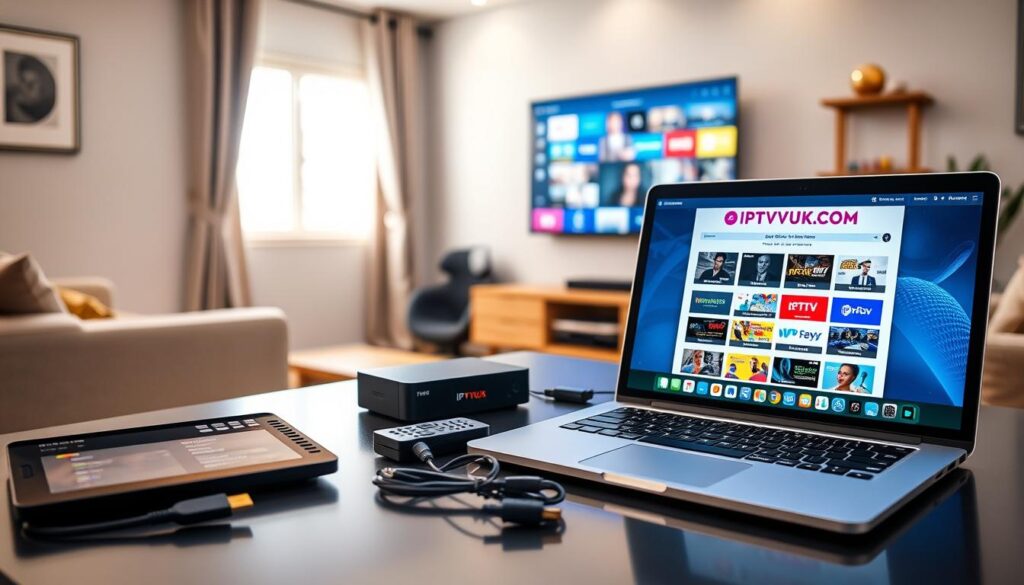 A detailed IPTV setup guide displayed on a sleek, modern desk. In the foreground, a laptop is open to a vibrant website screen titled "IPTVVUK.COM," showing clear step-by-step visuals for setting up IPTV services. Nearby, a tablet showcases a streaming app interface. In the middle ground, an organized array of devices like a streaming box, remote control, and HDMI cables are neatly arranged, illustrating the equipment needed for setup. The background features a cozy living room ambiance with a wall-mounted TV screen displaying colorful IPTV channel options. Soft, natural lighting filters in through a window, creating a warm and inviting atmosphere. The overall mood conveys a sense of ease and reliability in setting up IPTV, focusing on user-friendly technology. A detailed IPTV setup guide displayed on a sleek, modern desk. In the foreground, a laptop is open to a vibrant website screen titled "IPTVVUK.COM," showing clear step-by-step visuals for setting up IPTV services. Nearby, a tablet showcases a streaming app interface. In the middle ground, an organized array of devices like a streaming box, remote control, and HDMI cables are neatly arranged, illustrating the equipment needed for setup. The background features a cozy living room ambiance with a wall-mounted TV screen displaying colorful IPTV channel options. Soft, natural lighting filters in through a window, creating a warm and inviting atmosphere. The overall mood conveys a sense of ease and reliability in setting up IPTV, focusing on user-friendly technology.