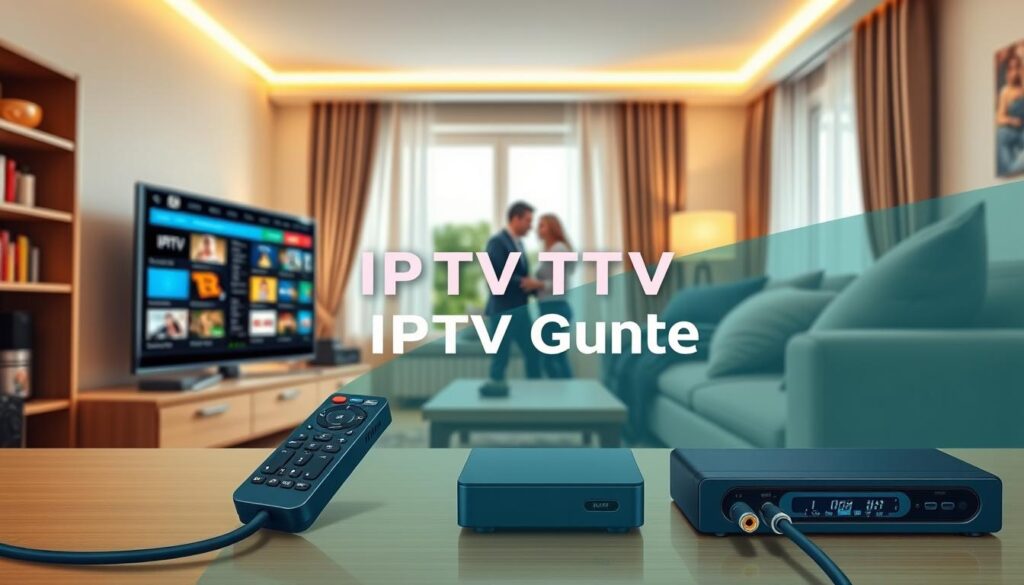 A detailed IPTV setup guide illustration, showcasing a modern living room setting. In the foreground, a sleek, smart television displaying vibrant IPTV channels visually represents diverse streaming options. Beside it, a remote control with labeled buttons, a small IPTV box, and coaxial cables emphasize the technical setup. In the middle, a couple, dressed in professional casual attire, is attentively connecting devices, symbolizing the user-friendly experience of IPTV. The background features a cozy ambiance with soft lighting, creating a welcoming atmosphere. Natural daylight filters in through a window, illuminating the scene. The overall composition conveys clarity, warmth, and simplicity in using IPTV, effectively highlighting the essence of the setup process. Include the brand name "IPTVVUK.COM" subtly within the image design. A detailed IPTV setup guide illustration, showcasing a modern living room setting. In the foreground, a sleek, smart television displaying vibrant IPTV channels visually represents diverse streaming options. Beside it, a remote control with labeled buttons, a small IPTV box, and coaxial cables emphasize the technical setup. In the middle, a couple, dressed in professional casual attire, is attentively connecting devices, symbolizing the user-friendly experience of IPTV. The background features a cozy ambiance with soft lighting, creating a welcoming atmosphere. Natural daylight filters in through a window, illuminating the scene. The overall composition conveys clarity, warmth, and simplicity in using IPTV, effectively highlighting the essence of the setup process. Include the brand name "IPTVVUK.COM" subtly within the image design.