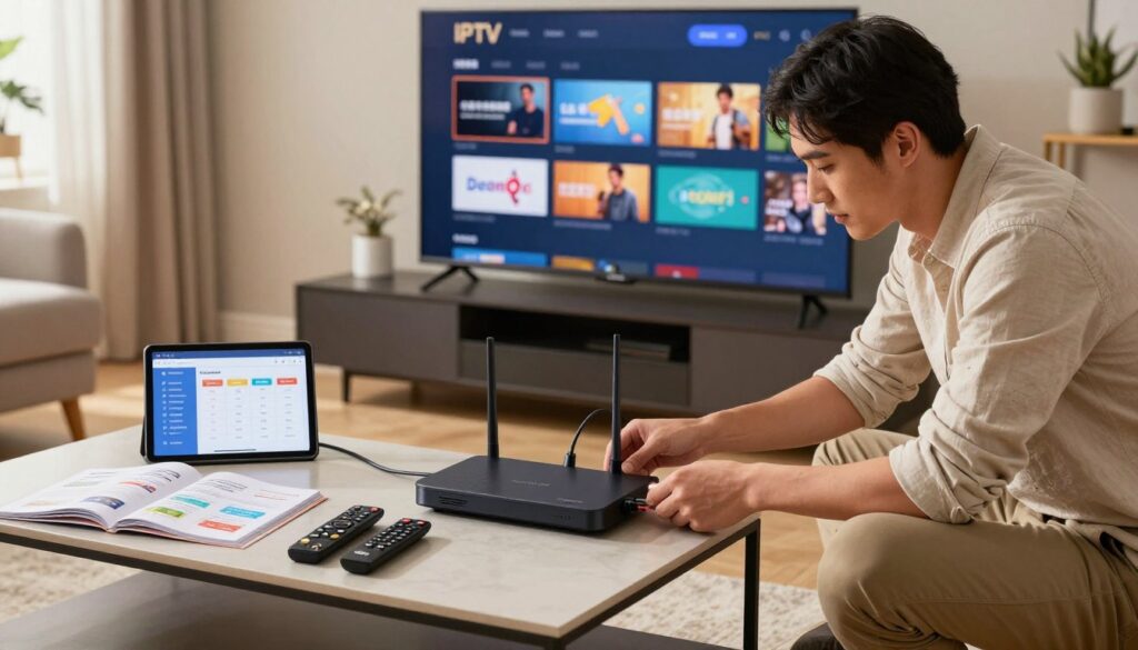 A detailed IPTV setup guide scene, featuring a cozy living room setup with a modern flat-screen TV displaying a user-friendly interface for streaming services. In the foreground, a professional in modest casual clothing is kneeling beside a sleek media console, adjusting the cables and connections of an IPTV device marked with the brand name "IPTVVUK.COM". The middle ground includes a stylish coffee table with an open user manual, remote controls, and a tablet showing comparison charts of pricing and features. The background is softly lit, depicting comfortable furniture and decor to convey a relaxing atmosphere. Soft, natural light filters through a window, creating a warm and inviting mood. Strong focus on the setup process and organization, with a clear view of the equipment involved. A detailed IPTV setup guide scene, featuring a cozy living room setup with a modern flat-screen TV displaying a user-friendly interface for streaming services. In the foreground, a professional in modest casual clothing is kneeling beside a sleek media console, adjusting the cables and connections of an IPTV device marked with the brand name "IPTVVUK.COM". The middle ground includes a stylish coffee table with an open user manual, remote controls, and a tablet showing comparison charts of pricing and features. The background is softly lit, depicting comfortable furniture and decor to convey a relaxing atmosphere. Soft, natural light filters through a window, creating a warm and inviting mood. Strong focus on the setup process and organization, with a clear view of the equipment involved.