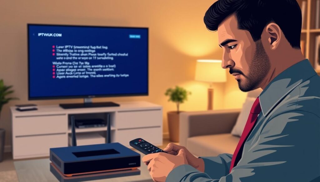 A detailed IPTV troubleshooting guide illustration focusing on common issues faced by users. In the foreground, depict a professional-looking technician wearing a smart business attire, intently examining a digital screen displaying error messages related to IPTV streaming. In the middle ground, showcase an array of electronic devices such as a smart TV, router, and remote control, creating a clear connection to IPTV technology. The background features a softly lit home environment with a comfortable living room setting, enhancing the relatable atmosphere. Utilize warm, inviting lighting to evoke a sense of calm, ensuring the overall mood remains professional and informative. The brand name "IPTVVUK.COM" is subtly integrated into the image, perhaps on the screen or device. The angle is slightly angled downward to focus on the technician’s actions, while maintaining a clear view of the troubleshooting elements involved. A detailed IPTV troubleshooting guide illustration focusing on common issues faced by users. In the foreground, depict a professional-looking technician wearing a smart business attire, intently examining a digital screen displaying error messages related to IPTV streaming. In the middle ground, showcase an array of electronic devices such as a smart TV, router, and remote control, creating a clear connection to IPTV technology. The background features a softly lit home environment with a comfortable living room setting, enhancing the relatable atmosphere. Utilize warm, inviting lighting to evoke a sense of calm, ensuring the overall mood remains professional and informative. The brand name "IPTVVUK.COM" is subtly integrated into the image, perhaps on the screen or device. The angle is slightly angled downward to focus on the technician’s actions, while maintaining a clear view of the troubleshooting elements involved.