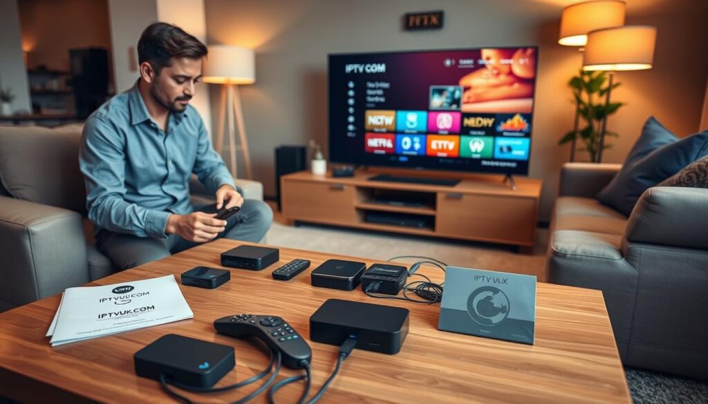 A detailed and engaging IPTV setup guide scene, featuring a modern living room with sleek furniture. In the foreground, a professional-looking individual in casual attire connects devices to a smart TV, showcasing IPTV options. On a stylish coffee table, various streaming devices, cables, and a user manual titled "IPTVVUK.COM" can be seen. In the middle ground, a large, vibrant TV screen displays an IPTV interface, highlighting channels and settings. The background showcases a cozy ambiance with soft lighting from lamps and decorative elements that suggest modern technology. The overall atmosphere is instructive and inviting, emphasizing a smooth and easy setup process for IPTV services. Capture the scene using a slightly angled lens to create depth, with warm color tones to evoke comfort and approachability. A detailed and engaging IPTV setup guide scene, featuring a modern living room with sleek furniture. In the foreground, a professional-looking individual in casual attire connects devices to a smart TV, showcasing IPTV options. On a stylish coffee table, various streaming devices, cables, and a user manual titled "IPTVVUK.COM" can be seen. In the middle ground, a large, vibrant TV screen displays an IPTV interface, highlighting channels and settings. The background showcases a cozy ambiance with soft lighting from lamps and decorative elements that suggest modern technology. The overall atmosphere is instructive and inviting, emphasizing a smooth and easy setup process for IPTV services. Capture the scene using a slightly angled lens to create depth, with warm color tones to evoke comfort and approachability.
