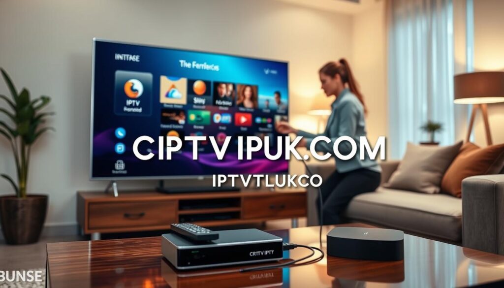 A detailed and organized image showcasing the "Crystal IPTV setup guide." In the foreground, feature a sleek modern TV displaying the Crystal IPTV interface, vibrant and user-friendly. Include a remote control on a stylish coffee table with an IPTV box beside it. The middle ground should depict a professional businessperson (male or female) dressed in smart casual attire, focused on connecting the IPTV device to the TV, with a cable in one hand. In the background, create a cozy living room ambiance with warm lighting, soft couches, and decorative elements like a plant and a small bookshelf. Use a shallow depth of field to emphasize the setup process and create an inviting atmosphere. The overall mood should be professional yet relaxed, subtly including the brand name "IPTVVUK.COM" displayed on the TV screen, ensuring it complements the scene without text overlays or distractions. A detailed and organized image showcasing the "Crystal IPTV setup guide." In the foreground, feature a sleek modern TV displaying the Crystal IPTV interface, vibrant and user-friendly. Include a remote control on a stylish coffee table with an IPTV box beside it. The middle ground should depict a professional businessperson (male or female) dressed in smart casual attire, focused on connecting the IPTV device to the TV, with a cable in one hand. In the background, create a cozy living room ambiance with warm lighting, soft couches, and decorative elements like a plant and a small bookshelf. Use a shallow depth of field to emphasize the setup process and create an inviting atmosphere. The overall mood should be professional yet relaxed, subtly including the brand name "IPTVVUK.COM" displayed on the TV screen, ensuring it complements the scene without text overlays or distractions.