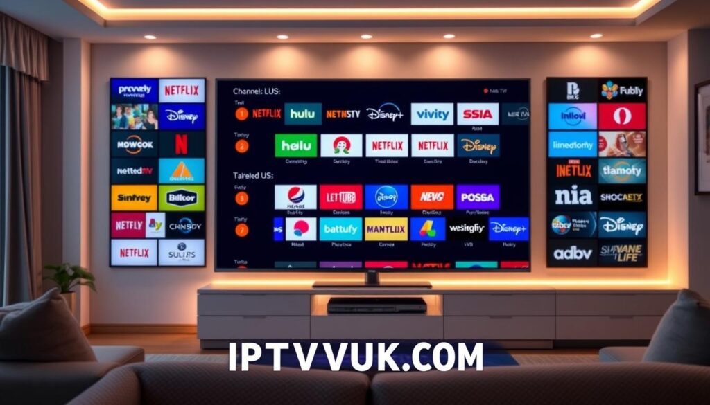 A detailed and visually engaging representation of an "IPTV channels list" displayed on a sleek digital interface. The foreground shows an organized grid layout with vibrant icons and logos of popular IPTV channels, all featuring a modern design aesthetic. In the middle, a large, high-definition screen glows softly, showcasing a diverse range of channels tailored for US viewers, with streaming service logos like Hulu, Netflix, and Disney+. The background features a stylish home entertainment setup with ambient lighting, creating a cozy, inviting atmosphere. The scene is captured using a wide-angle lens to showcase depth, with soft, warm lighting that enhances the digital display. The brand name "IPTVVUK.COM" is subtly integrated into the design, maintaining a professional and engaging tone without distracting from the main content. A detailed and visually engaging representation of an "IPTV channels list" displayed on a sleek digital interface. The foreground shows an organized grid layout with vibrant icons and logos of popular IPTV channels, all featuring a modern design aesthetic. In the middle, a large, high-definition screen glows softly, showcasing a diverse range of channels tailored for US viewers, with streaming service logos like Hulu, Netflix, and Disney+. The background features a stylish home entertainment setup with ambient lighting, creating a cozy, inviting atmosphere. The scene is captured using a wide-angle lens to showcase depth, with soft, warm lighting that enhances the digital display. The brand name "IPTVVUK.COM" is subtly integrated into the design, maintaining a professional and engaging tone without distracting from the main content.