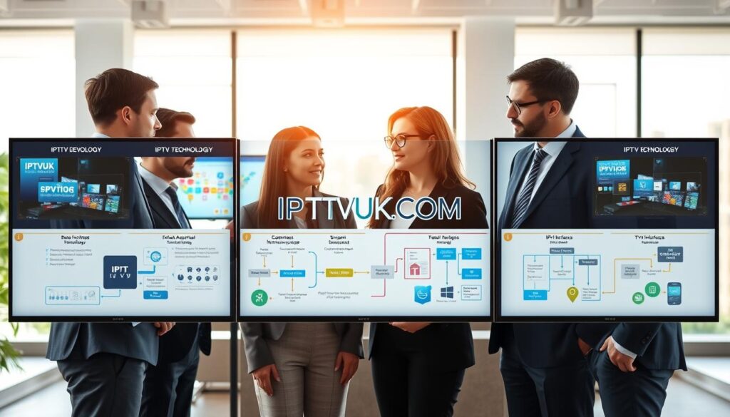 A detailed and vivid representation of the IPTV Development Process, focusing on a step-by-step overview. In the foreground, a diverse team of four professionals, dressed in smart business attire, collaboratively analyzing data on multiple screens showcasing IPTV technologies. The middle ground features charts and flow diagrams, illustrating crucial development stages such as content acquisition, streaming infrastructure, and user interface design. In the background, a modern office environment with large windows, allowing natural light to pour in, creating an inviting and innovative atmosphere. The image should have a clean, contemporary aesthetic with soft lighting to enhance the focus on the team and their work. Include the brand name "IPTVVUK.COM" subtly integrated into one of the screens, emphasizing the brand's relevance to the IPTV sector. A detailed and vivid representation of the IPTV Development Process, focusing on a step-by-step overview. In the foreground, a diverse team of four professionals, dressed in smart business attire, collaboratively analyzing data on multiple screens showcasing IPTV technologies. The middle ground features charts and flow diagrams, illustrating crucial development stages such as content acquisition, streaming infrastructure, and user interface design. In the background, a modern office environment with large windows, allowing natural light to pour in, creating an inviting and innovative atmosphere. The image should have a clean, contemporary aesthetic with soft lighting to enhance the focus on the team and their work. Include the brand name "IPTVVUK.COM" subtly integrated into one of the screens, emphasizing the brand's relevance to the IPTV sector.