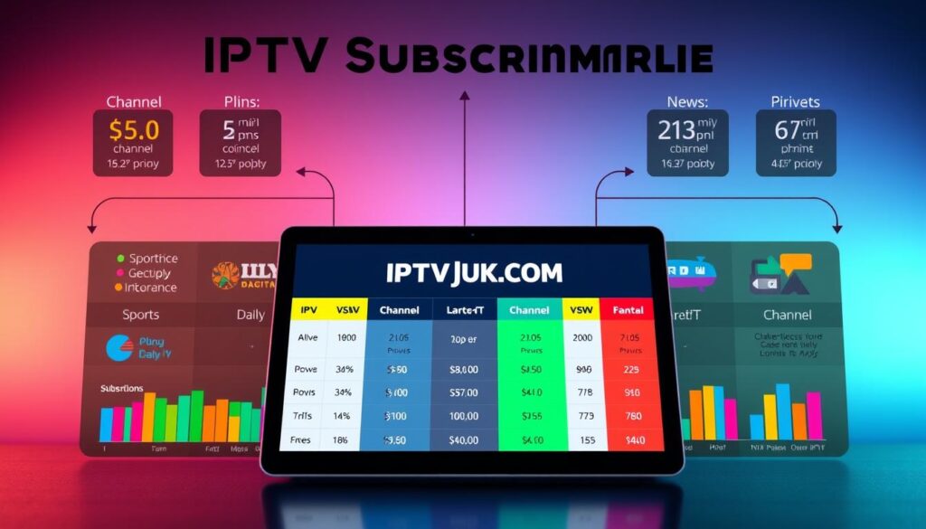 A detailed comparison of IPTV subscription plans, visually represented as an infographic. In the foreground, include colorful charts and graphs illustrating different pricing tiers and channel offerings, with icons representing various genres like sports, movies, and news. In the middle ground, feature a sleek tablet or laptop displaying the IPTVVUK.COM logo prominently, suggesting a modern, tech-friendly approach. In the background, use subtle gradient colors to create an engaging atmosphere, enhancing the focus on the subscription comparison. Utilize soft, ambient lighting to bring out the clarity of the charts, with a slight vignette effect to draw attention to the center. Aim for a professional and informative mood, suitable for readers exploring their options for IPTV services. A detailed comparison of IPTV subscription plans, visually represented as an infographic. In the foreground, include colorful charts and graphs illustrating different pricing tiers and channel offerings, with icons representing various genres like sports, movies, and news. In the middle ground, feature a sleek tablet or laptop displaying the IPTVVUK.COM logo prominently, suggesting a modern, tech-friendly approach. In the background, use subtle gradient colors to create an engaging atmosphere, enhancing the focus on the subscription comparison. Utilize soft, ambient lighting to bring out the clarity of the charts, with a slight vignette effect to draw attention to the center. Aim for a professional and informative mood, suitable for readers exploring their options for IPTV services.