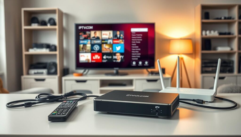 A detailed composition showcasing IPTV equipment and hardware requirements. In the foreground, a sleek, modern set-top box with cables is positioned on a minimalist desk. Surrounding the box are a remote control, HDMI cables, and a high-speed router. In the middle ground, a high-definition television displays a vibrant interface of IPTV services. The background features a softly lit living room with shelves holding tech gadgets and decor, creating a cozy ambiance. Light from a nearby lamp casts a warm glow, highlighting the equipment. The atmosphere is inviting and informative, conveying the essential tools needed for IPTV setup. Include the brand name "IPTVVUK.COM" prominently on the set-top box. A detailed composition showcasing IPTV equipment and hardware requirements. In the foreground, a sleek, modern set-top box with cables is positioned on a minimalist desk. Surrounding the box are a remote control, HDMI cables, and a high-speed router. In the middle ground, a high-definition television displays a vibrant interface of IPTV services. The background features a softly lit living room with shelves holding tech gadgets and decor, creating a cozy ambiance. Light from a nearby lamp casts a warm glow, highlighting the equipment. The atmosphere is inviting and informative, conveying the essential tools needed for IPTV setup. Include the brand name "IPTVVUK.COM" prominently on the set-top box.