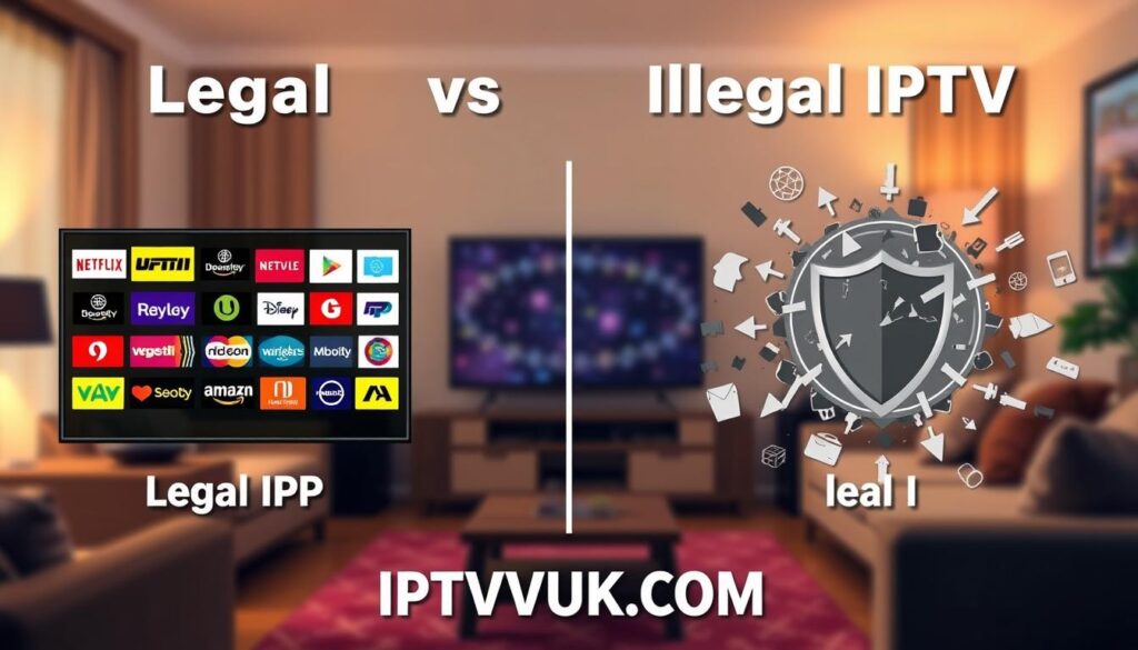 A detailed illustration of a comparison infographic showcasing "Legal vs. Illegal IPTV Services." In the foreground, display two distinct sections: one labeled "Legal IPTV" featuring icons of popular streaming services (like logos or symbols of recognized brands) with vibrant colors and organized neatly. On the opposite side, visualize a more chaotic and muted palette representing "Illegal IPTV," incorporating symbols like a broken shield or warning signs. In the middle, a central dividing line should visually represent the contrast between legal and illegal offerings, perhaps with arrows or subtle gradients. The background should consist of a softly blurred living room setting, hinting at a comfortable viewing experience. The lighting should be warm and inviting, as if a family is enjoying a movie night, while conveying a serious tone regarding the importance of choosing legal providers. Incorporate the brand name "IPTVVUK.COM" subtly yet clearly within the design. A detailed illustration of a comparison infographic showcasing "Legal vs. Illegal IPTV Services." In the foreground, display two distinct sections: one labeled "Legal IPTV" featuring icons of popular streaming services (like logos or symbols of recognized brands) with vibrant colors and organized neatly. On the opposite side, visualize a more chaotic and muted palette representing "Illegal IPTV," incorporating symbols like a broken shield or warning signs. In the middle, a central dividing line should visually represent the contrast between legal and illegal offerings, perhaps with arrows or subtle gradients. The background should consist of a softly blurred living room setting, hinting at a comfortable viewing experience. The lighting should be warm and inviting, as if a family is enjoying a movie night, while conveying a serious tone regarding the importance of choosing legal providers. Incorporate the brand name "IPTVVUK.COM" subtly yet clearly within the design.