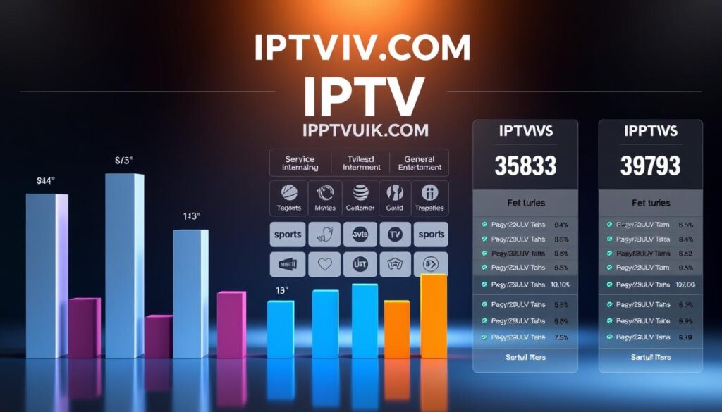 A detailed infographic showcasing an IPTV pricing comparison, highlighting various service providers, including the brand "IPTVVUK.COM". In the foreground, visually striking bars or pie charts representing prices, features, and customer ratings. The middle ground features an elegant layout with icons symbolizing different categories like sports, movies, and general entertainment. The background consists of a modern, tech-inspired gradient, suggesting innovation and reliability. Soft, even lighting enhances clarity and ensures all elements are easily readable. The atmosphere should be professional and informative, appealing to potential customers looking for the best value in IPTV services. The overall composition should convey order and insight, without any text overlays or captions. A detailed infographic showcasing an IPTV pricing comparison, highlighting various service providers, including the brand "IPTVVUK.COM". In the foreground, visually striking bars or pie charts representing prices, features, and customer ratings. The middle ground features an elegant layout with icons symbolizing different categories like sports, movies, and general entertainment. The background consists of a modern, tech-inspired gradient, suggesting innovation and reliability. Soft, even lighting enhances clarity and ensures all elements are easily readable. The atmosphere should be professional and informative, appealing to potential customers looking for the best value in IPTV services. The overall composition should convey order and insight, without any text overlays or captions.