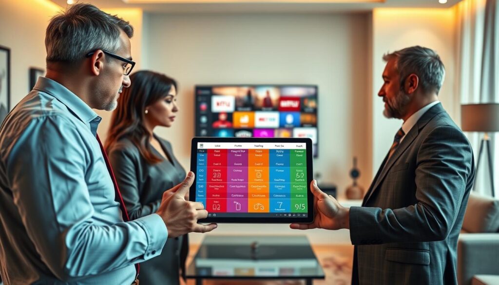 A digital art composition illustrating an IPTV service comparison. In the foreground, two professionals dressed in business attire are engaged in a discussion, examining a tablet displaying a vibrant comparison chart with colorful icons representing different IPTV providers. In the middle, a sleek, modern living room setup is visible with a large flat-screen TV showcasing various streaming options, enhancing the viewer's perspective of choice. The background features soft lighting that creates a warm, inviting atmosphere, emphasizing the comfort of home entertainment. Use a wide-angle lens perspective to capture the depth of the scene, ensuring a focus on the professionals' expressions of interest. The brand name "IPTVVUK.COM" is subtly integrated into the tablet's screen design without any text overlays. A digital art composition illustrating an IPTV service comparison. In the foreground, two professionals dressed in business attire are engaged in a discussion, examining a tablet displaying a vibrant comparison chart with colorful icons representing different IPTV providers. In the middle, a sleek, modern living room setup is visible with a large flat-screen TV showcasing various streaming options, enhancing the viewer's perspective of choice. The background features soft lighting that creates a warm, inviting atmosphere, emphasizing the comfort of home entertainment. Use a wide-angle lens perspective to capture the depth of the scene, ensuring a focus on the professionals' expressions of interest. The brand name "IPTVVUK.COM" is subtly integrated into the tablet's screen design without any text overlays.