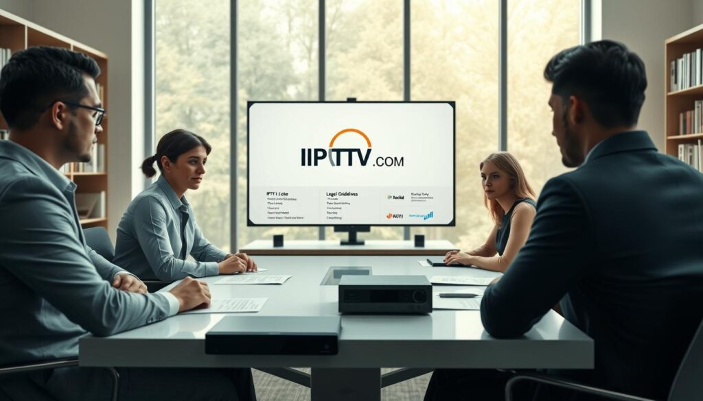 A digitally-rendered representation of the legal implications of IPTV, set in a modern office environment. In the foreground, a diverse group of three professionals—two men and one woman—dressed in business attire, are engaged in a discussion, with legal documents and IPTV equipment on a sleek conference table. The middle ground features a large screen displaying the logo “IPTVVUK.COM”, illustrating legal guidelines and streaming options. The background showcases shelves with books on media law and technology, emphasizing an academic atmosphere. Soft, natural lighting filters through large windows, creating a warm and focused ambiance. The overall mood is serious yet collaborative, conveying the critical nature of legal considerations in streaming services. A digitally-rendered representation of the legal implications of IPTV, set in a modern office environment. In the foreground, a diverse group of three professionals—two men and one woman—dressed in business attire, are engaged in a discussion, with legal documents and IPTV equipment on a sleek conference table. The middle ground features a large screen displaying the logo “IPTVVUK.COM”, illustrating legal guidelines and streaming options. The background showcases shelves with books on media law and technology, emphasizing an academic atmosphere. Soft, natural lighting filters through large windows, creating a warm and focused ambiance. The overall mood is serious yet collaborative, conveying the critical nature of legal considerations in streaming services.