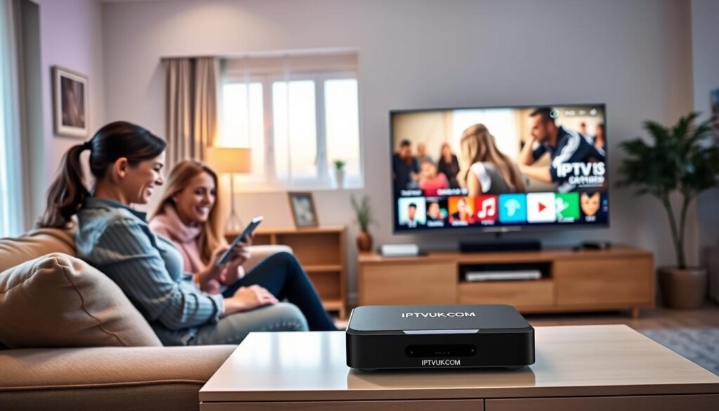 A dynamic living room scene showcasing a family enjoying IPTV streaming services on a large, modern flat-screen television. In the foreground, a mother and father sit on a plush couch, both dressed in casual, professional attire, smiling as they browse content on a tablet. The middle ground features a stylish media console with a streaming device prominently displaying the logo "IPTVVUK.COM". The background reveals a warm and inviting home setting, with soft, ambient lighting enhancing the cozy atmosphere. A window lets in natural light, adding to the inviting feel. The overall mood is one of relaxation and enjoyment, illustrating the shift towards IPTV streaming. A dynamic living room scene showcasing a family enjoying IPTV streaming services on a large, modern flat-screen television. In the foreground, a mother and father sit on a plush couch, both dressed in casual, professional attire, smiling as they browse content on a tablet. The middle ground features a stylish media console with a streaming device prominently displaying the logo "IPTVVUK.COM". The background reveals a warm and inviting home setting, with soft, ambient lighting enhancing the cozy atmosphere. A window lets in natural light, adding to the inviting feel. The overall mood is one of relaxation and enjoyment, illustrating the shift towards IPTV streaming.