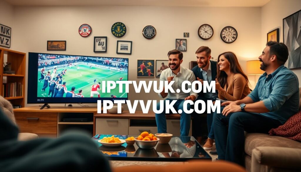 A dynamic living room setup showcasing a diverse group of people watching IPTV sports channels. In the foreground, a sleek flat-screen TV displays vibrant sports action, surrounded by a few snacks on a coffee table. The middle ground features three individuals, dressed in smart casual attire, animatedly discussing the game; their expressions are filled with excitement. The background highlights modern decor, including sports memorabilia and cozy furniture. Soft, warm lighting creates an inviting atmosphere, with a slight focus blur on the edges to draw attention to the lively interaction in the foreground. The logo "IPTVVUK.COM" is subtly integrated into the TV screen without being intrusive. The overall mood is energetic and engaging, perfect for illustrating the thrill of IPTV sports viewing. A dynamic living room setup showcasing a diverse group of people watching IPTV sports channels. In the foreground, a sleek flat-screen TV displays vibrant sports action, surrounded by a few snacks on a coffee table. The middle ground features three individuals, dressed in smart casual attire, animatedly discussing the game; their expressions are filled with excitement. The background highlights modern decor, including sports memorabilia and cozy furniture. Soft, warm lighting creates an inviting atmosphere, with a slight focus blur on the edges to draw attention to the lively interaction in the foreground. The logo "IPTVVUK.COM" is subtly integrated into the TV screen without being intrusive. The overall mood is energetic and engaging, perfect for illustrating the thrill of IPTV sports viewing.